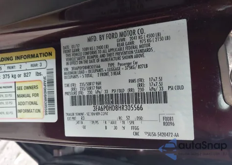 2017 Ford Fusion Se from USA, damaged, VIN 3FA6P0HD8HR305566